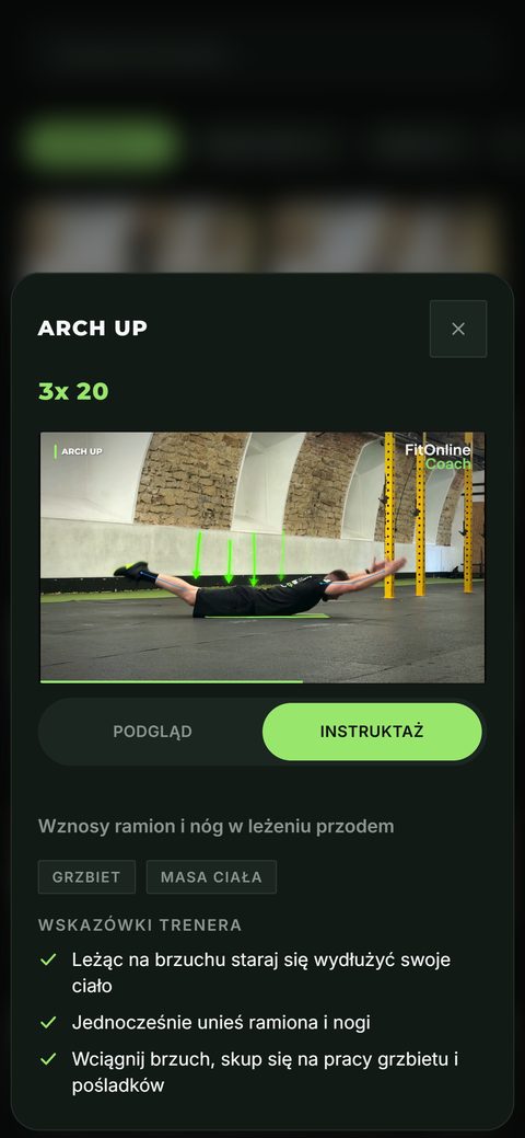 Ekran aplikacji: instruktaż wideo arch up ze strzałkami pokazującymi ruch