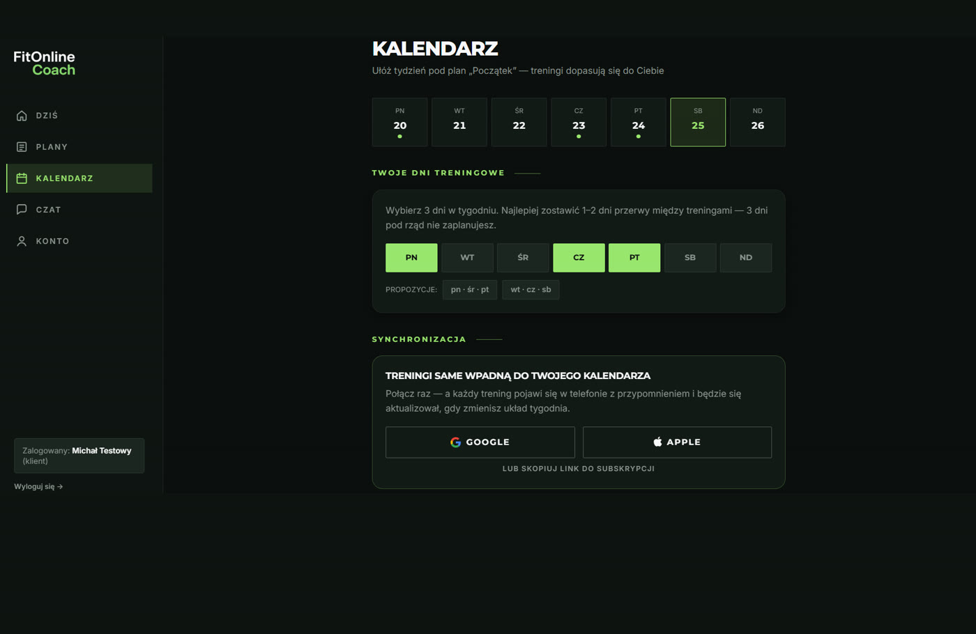 Ekran aplikacji na laptopie: kalendarz treningów