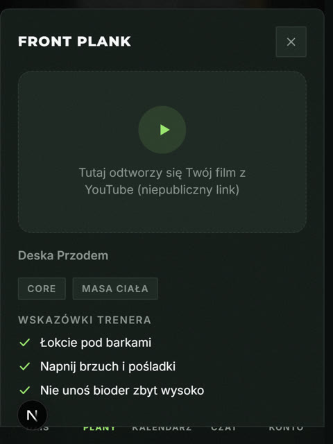 Ekran aplikacji na tablecie: opis ćwiczenia po polsku ze wskazówkami trenera
