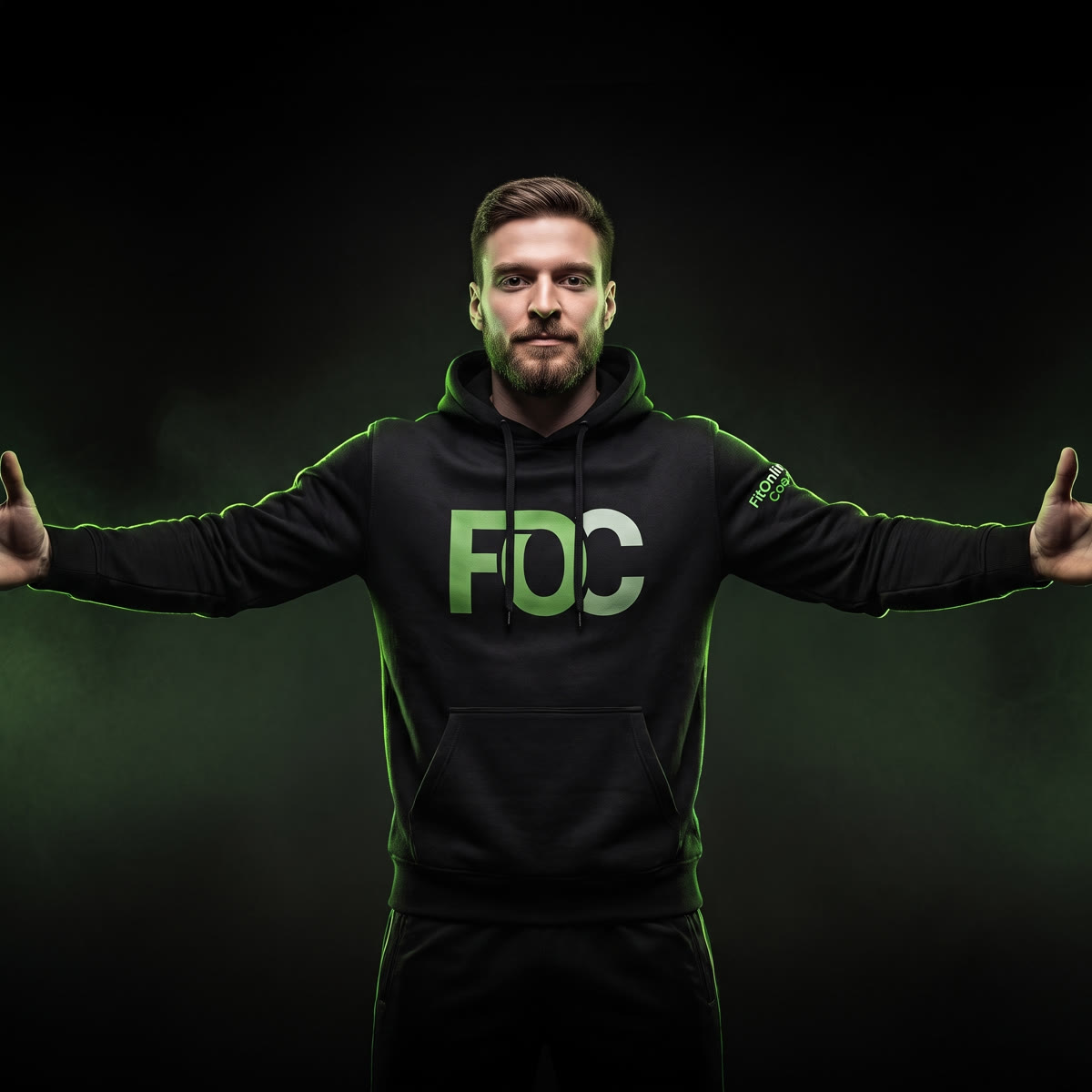 Tomek Wiesner w bluzie FitOnlineCoach z szeroko rozłożonymi ramionami